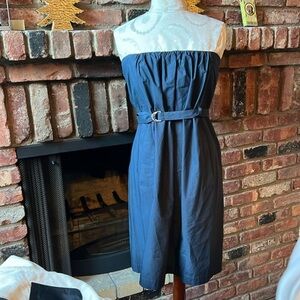 **TIMELESS**Theory 100% cotton Pavia strapless navy dress w/ silver belt buckle‎
